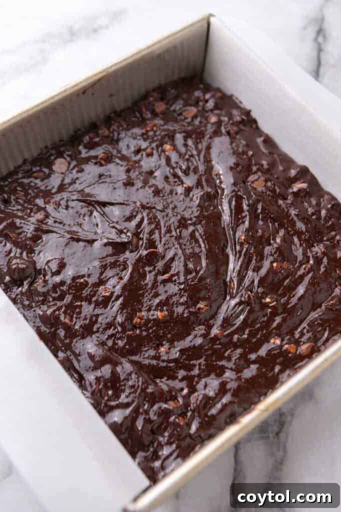 Brownie batter in a pan