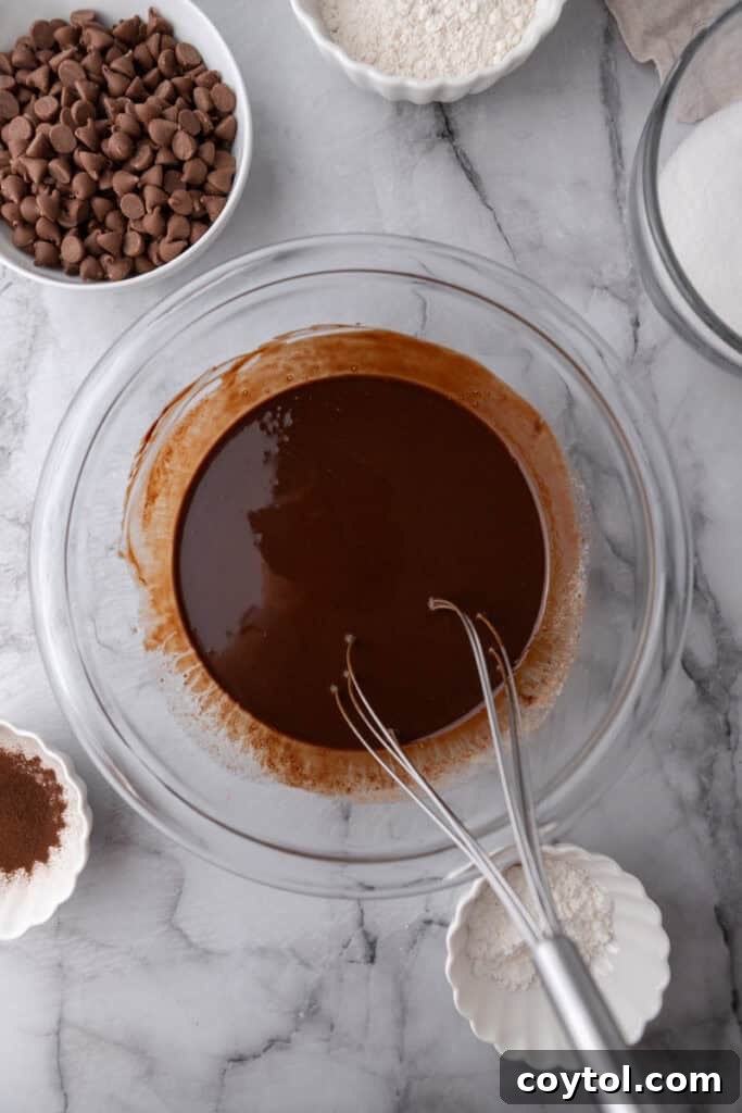 Melted chocolate with butter and oil in a bowl