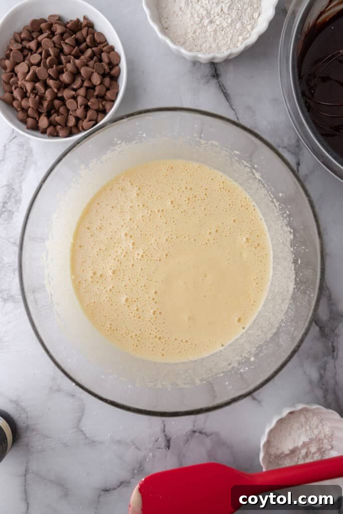 Eggs and sugar in a bowl whipped
