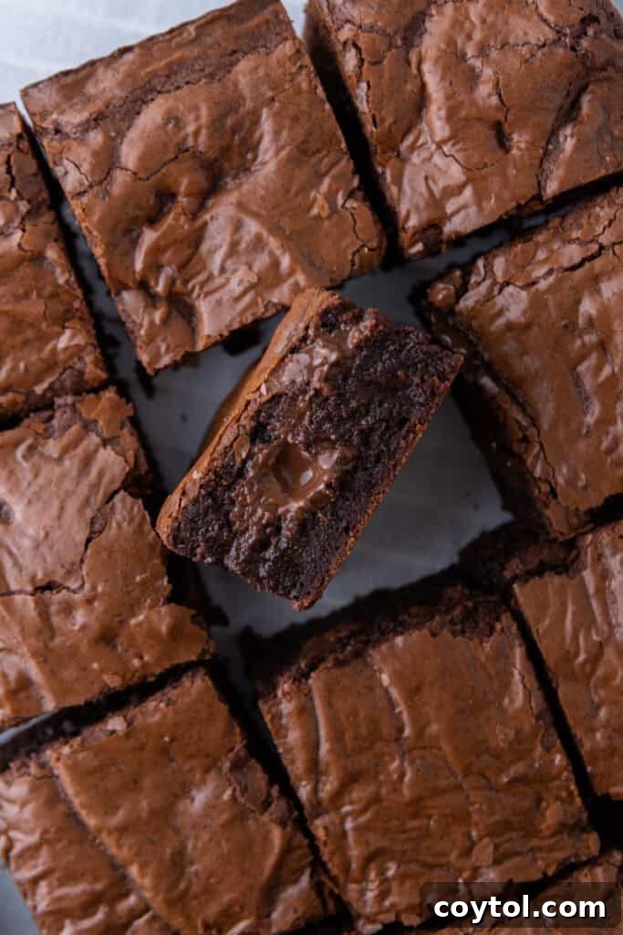 Overhead shot of freshly baked fudgy brown butter brownies