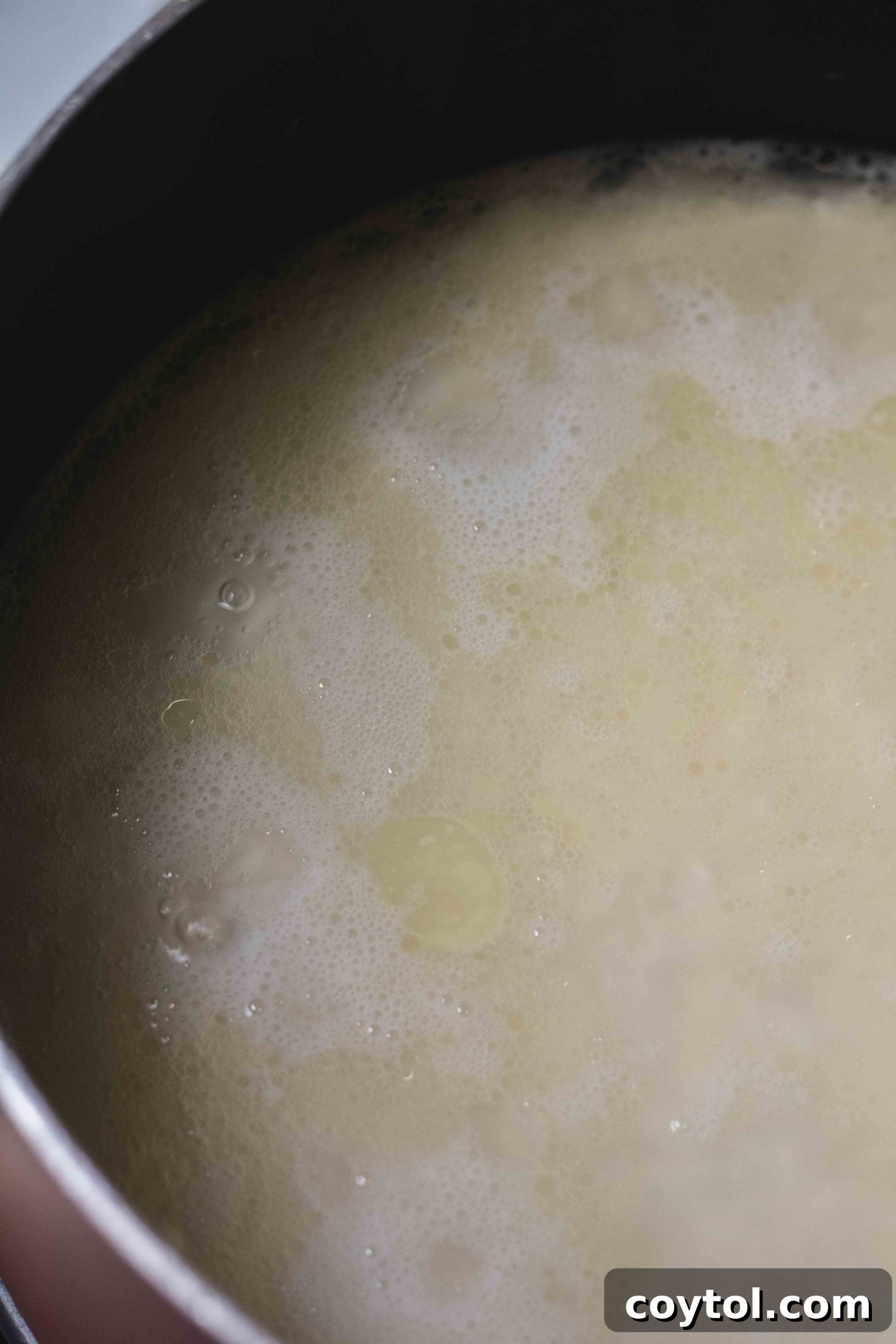 Close-up of white rice simmering in a pot