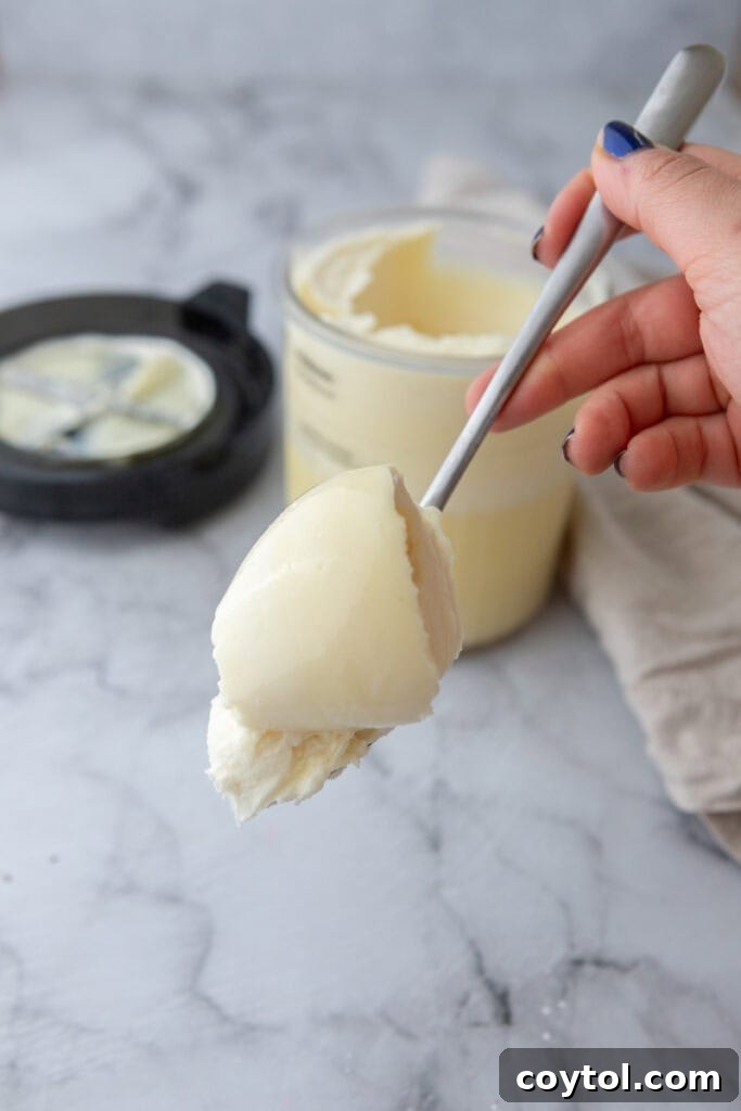 spoonful of ninja creami protein ice cream with protein powder