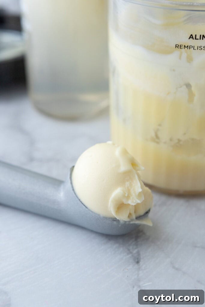 Scoop of high protein ice cream on the counter