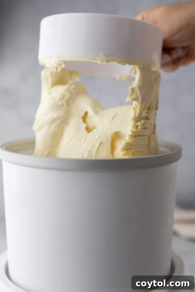 Velvet Vanilla Custard Ice Cream Made Simple 15 ice cream churning in the machine, reaching soft-serve consistency