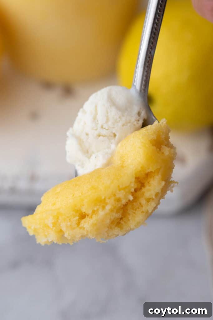 Speedy Lemon Mug Cake in Minutes 9 lemon mug cake recipe piece on a spoon