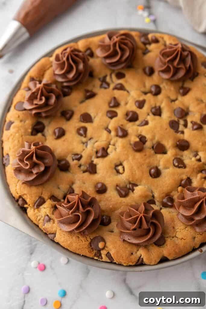 The Ultimate Homemade Chocolate Chip Cookie Cake 12 A close-up of the baked cookie cake in the pan, showing the soft, golden center and crisp edges.
