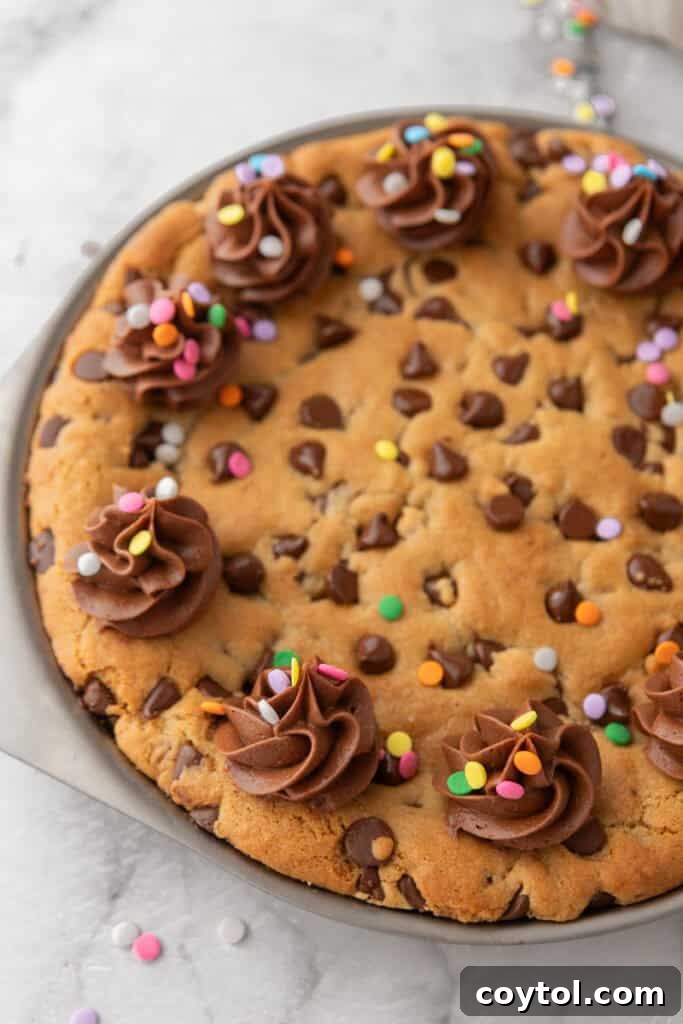 The Ultimate Homemade Chocolate Chip Cookie Cake 13 The cooled chocolate chip cookie cake in the pan, frosted with chocolate buttercream and decorated with colorful sprinkles.