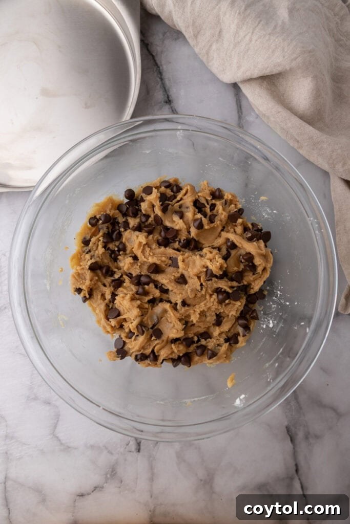 The Ultimate Homemade Chocolate Chip Cookie Cake 9 The finished cookie dough, packed with chocolate chips, ready to be transferred to the pan.