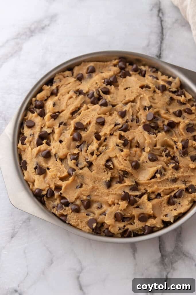 The Ultimate Homemade Chocolate Chip Cookie Cake 10 The cookie dough pressed evenly into a round baking pan, smoothed out and ready for the oven.
