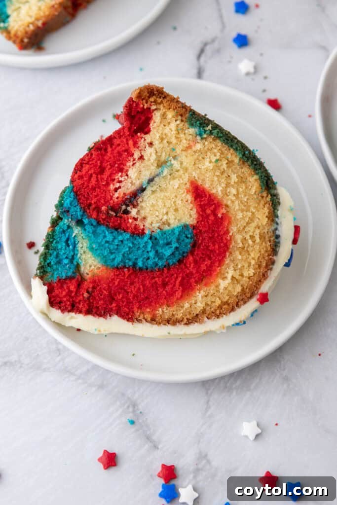 Red White and Blue Bundt Cake slice on a plate