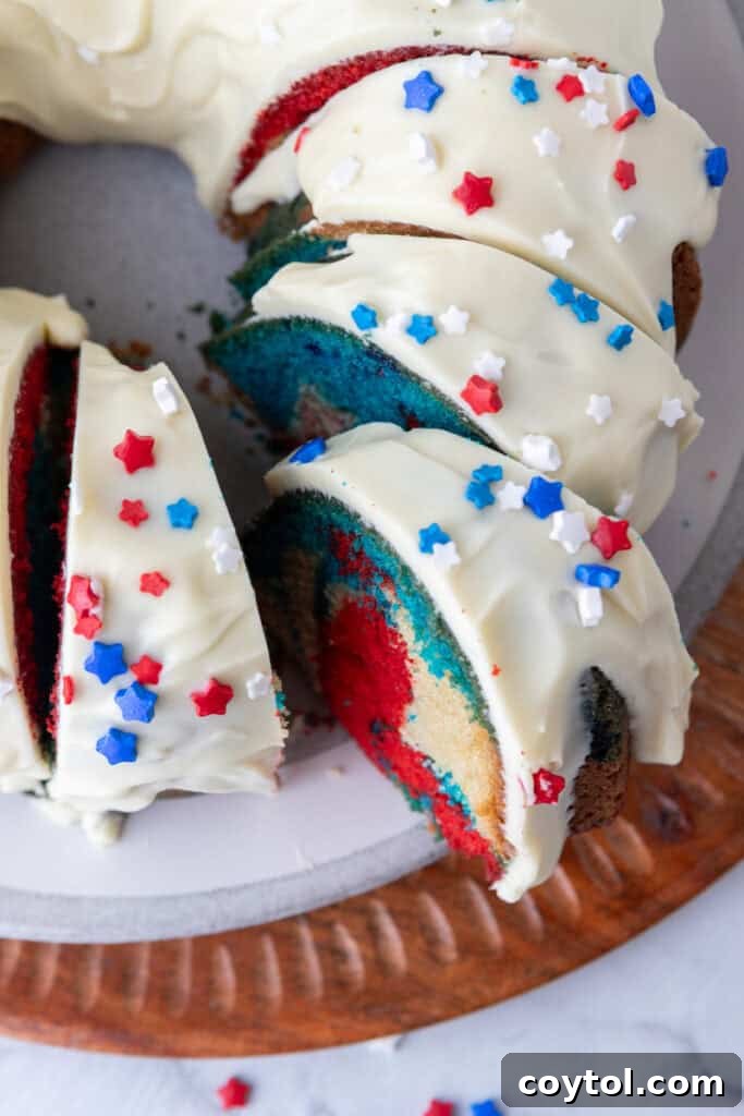 fully made red white and blue bundt cake recipe with frosting on it