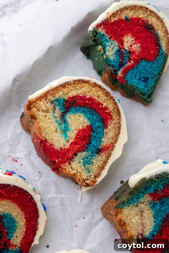 Red White and Blue Bundt Cake slice on a plate