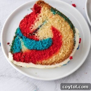 Red White and Blue Bundt Cake slice on a plate