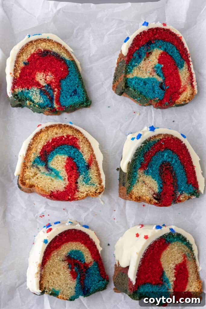 red white and blue bundt cake recipe slices overhead shot
