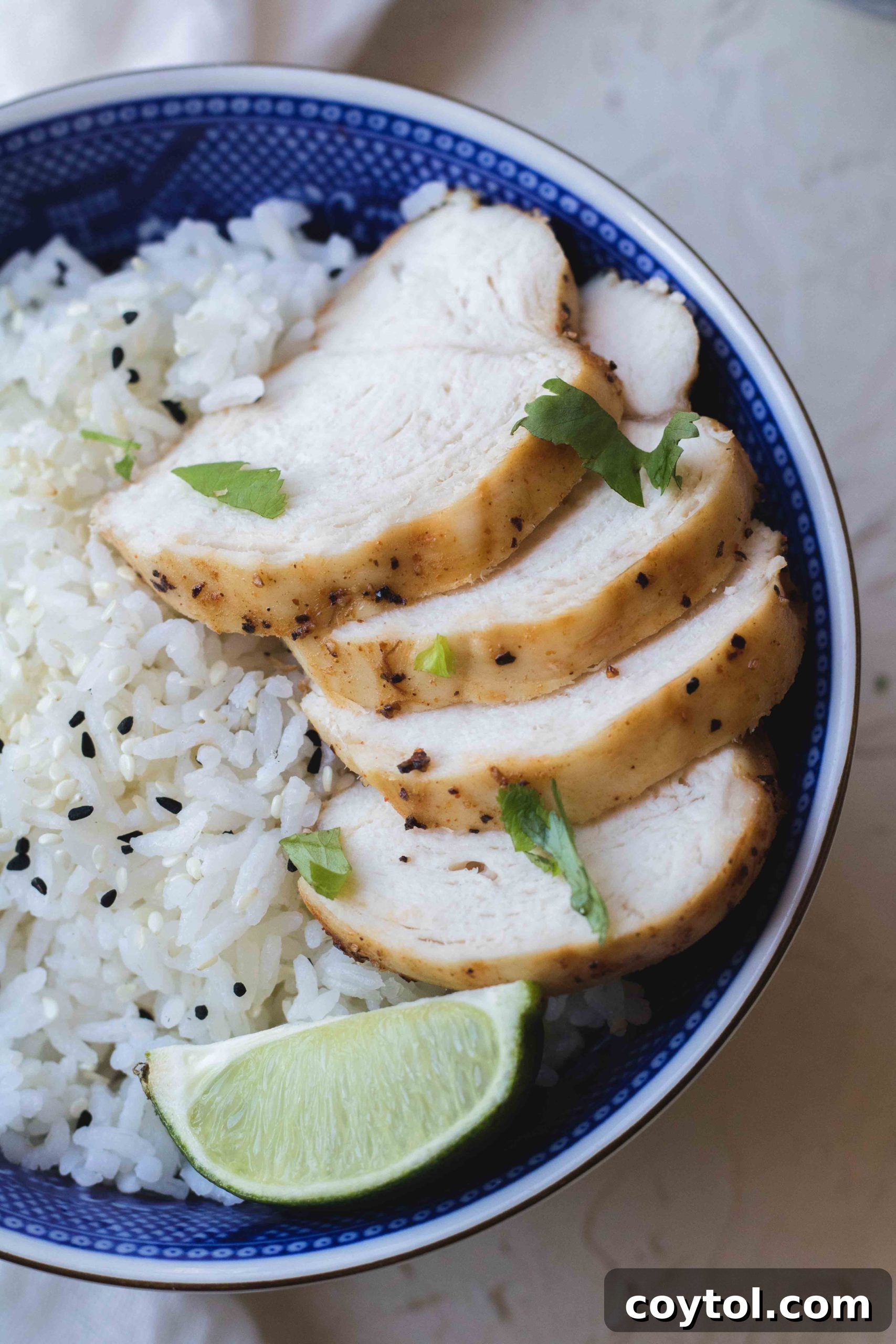 Delicious and healthy air fryer chicken breast served with fresh herbs.