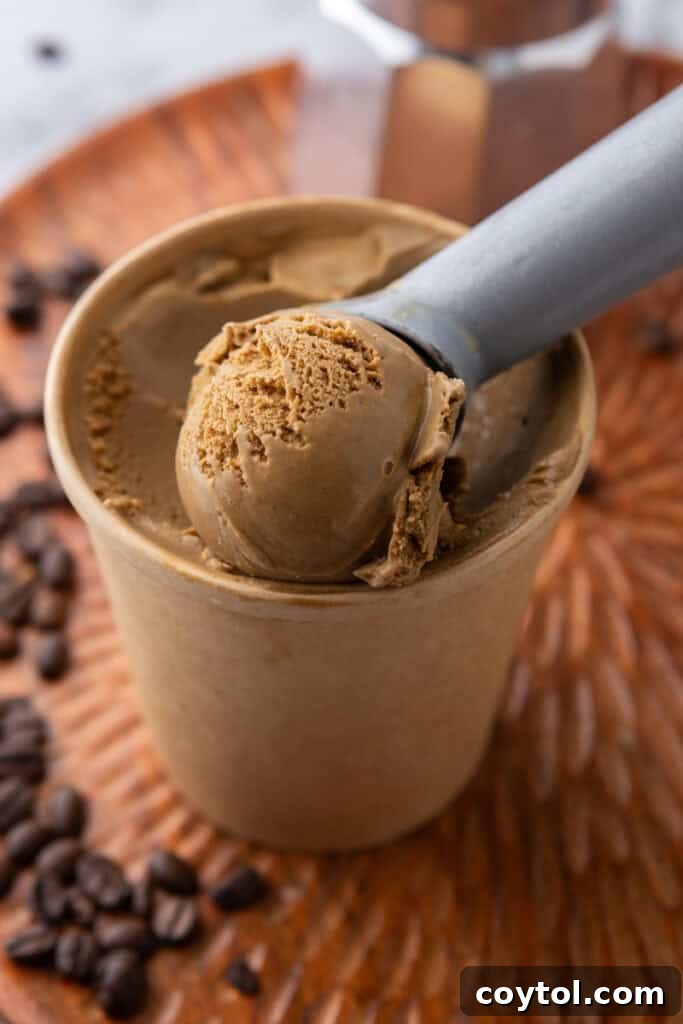 espresso coffee ice cream recipe in a cup getting scooped