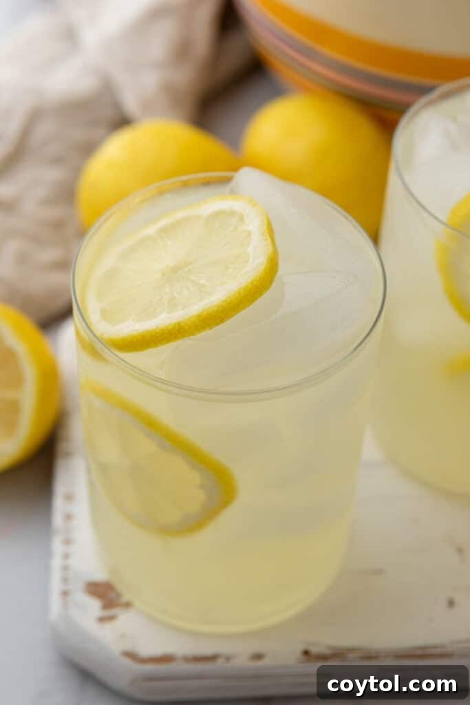 A glass of homemade lemonade with lemon slices and mint sprig
