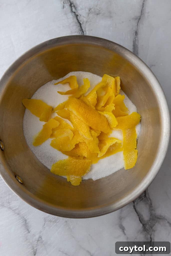 Lemon peels, sugar, and lemon juice in a saucepan
