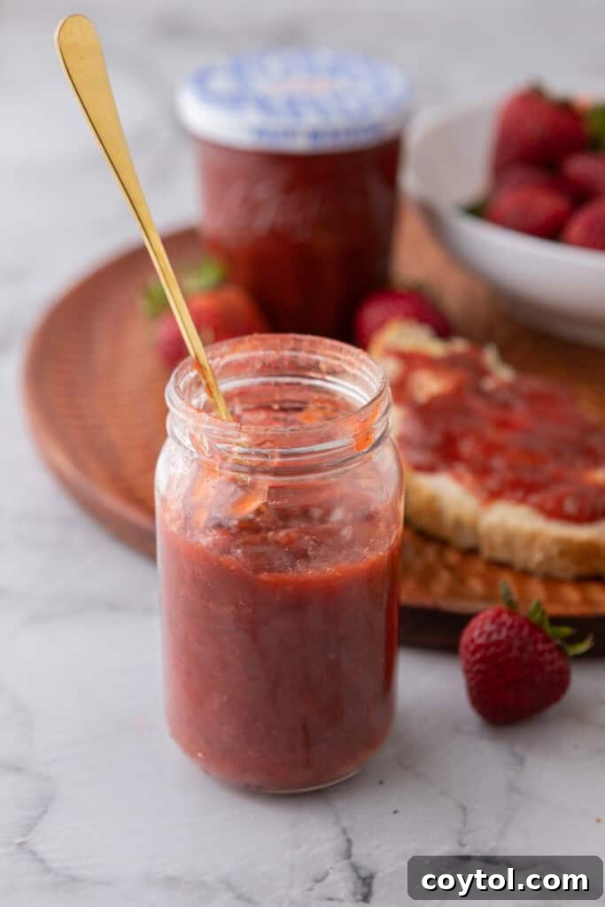 Homemade Strawberry Rhubarb Jam Without Pectin 13 A beautifully set jar of homemade strawberry rhubarb jam.