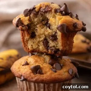 Banana Chocolate Chip Muffins stacked on top of each other