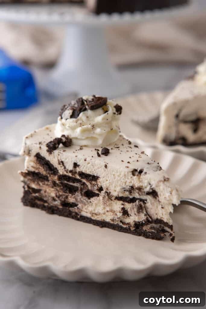 No Bake Oreo Cheesecake Recipe slice on a plate