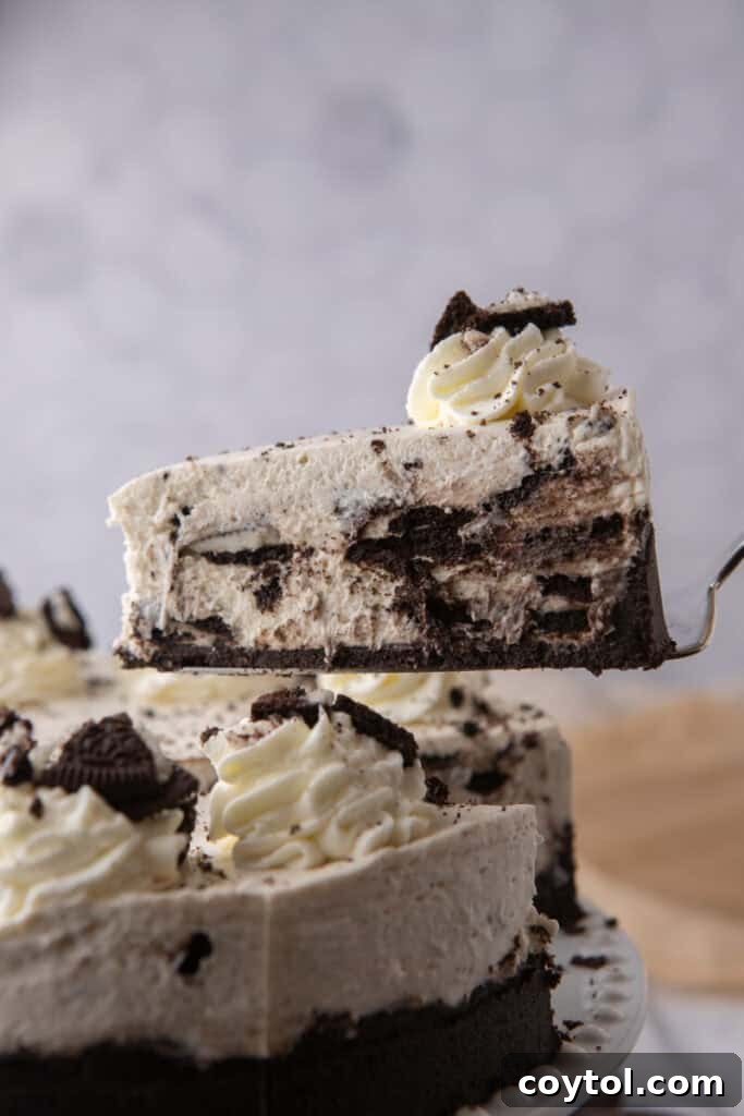 No Bake Oreo Cheesecake Recipe slice on a serving spatula