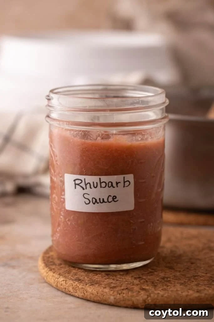 Homemade Rhubarb Sauce Recipe in a beautiful glass jar, ready for storage.