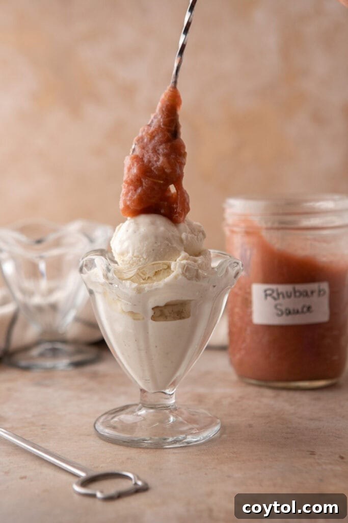 Homemade Rhubarb Sauce Recipe being poured over creamy vanilla ice cream.