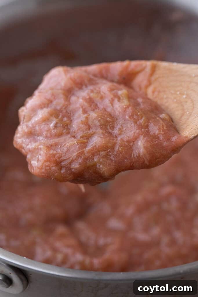 Cooked rhubarb sauce with a rich pink color, ready to be blended or served chunky.