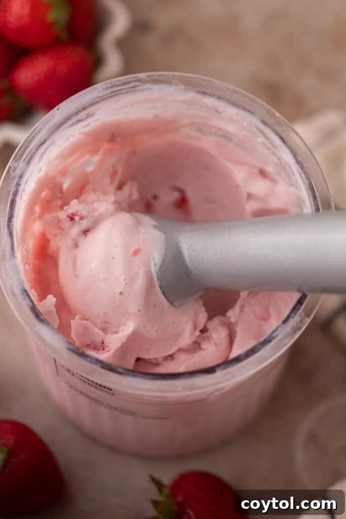 Effortless Strawberry Cottage Cheese Ice Cream with Ninja Creami 11 Ninja Creami Pint with Strawberry cottage cheese ice cream scoop