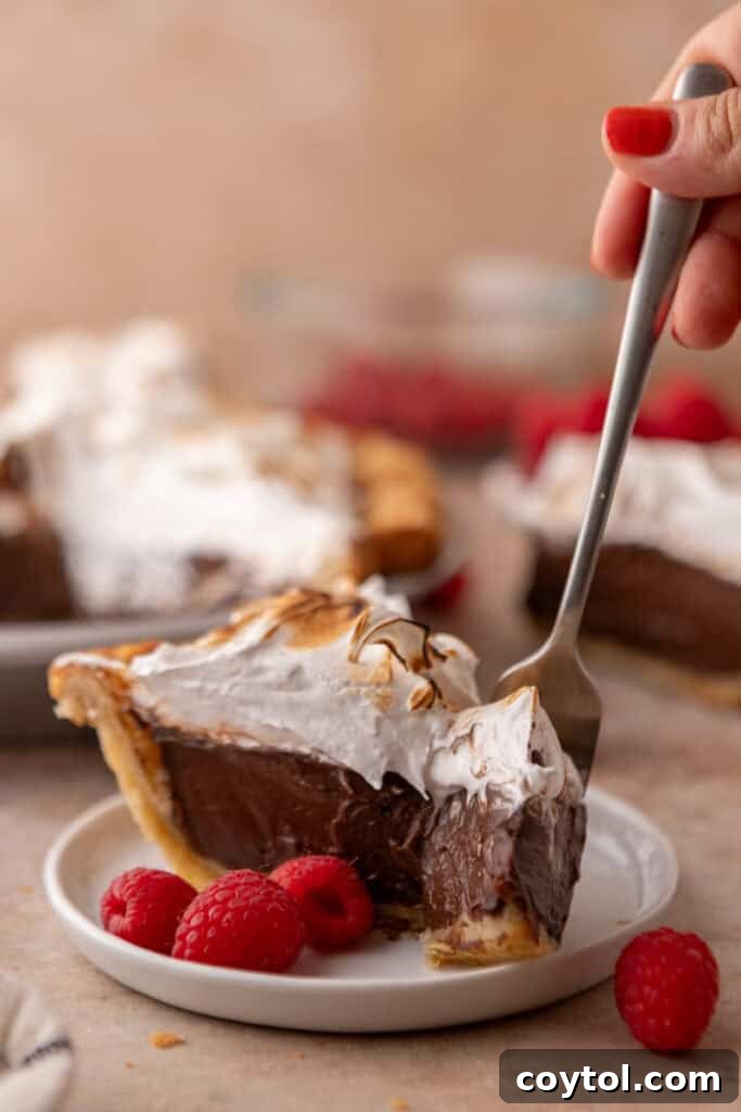 Fluffy Chocolate Meringue Pie Perfection 24 chocolate meringue pie slice with a fork going in