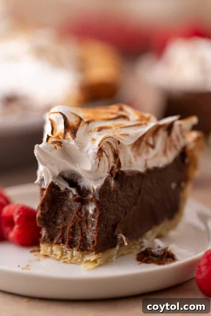 Fluffy Chocolate Meringue Pie Perfection 4 chocolate meringue pie slice recipe with a bite taken out