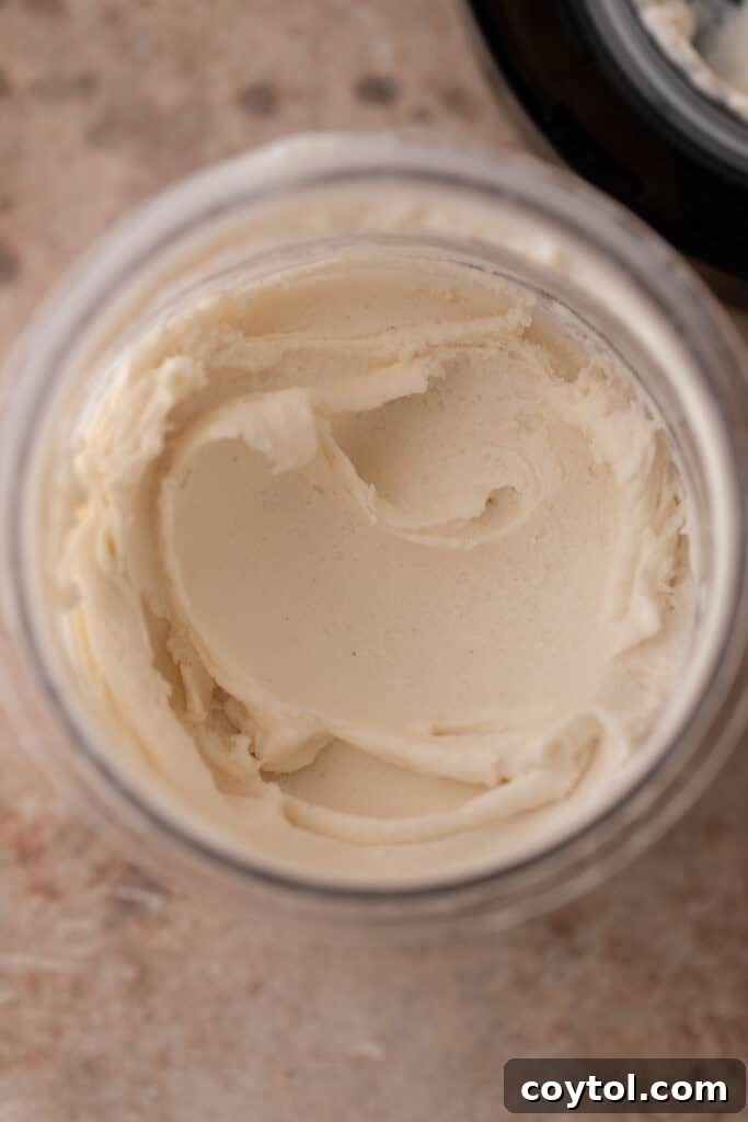 Perfectly spun and creamy Cottage Cheese Ninja Creami Ice Cream in a pint