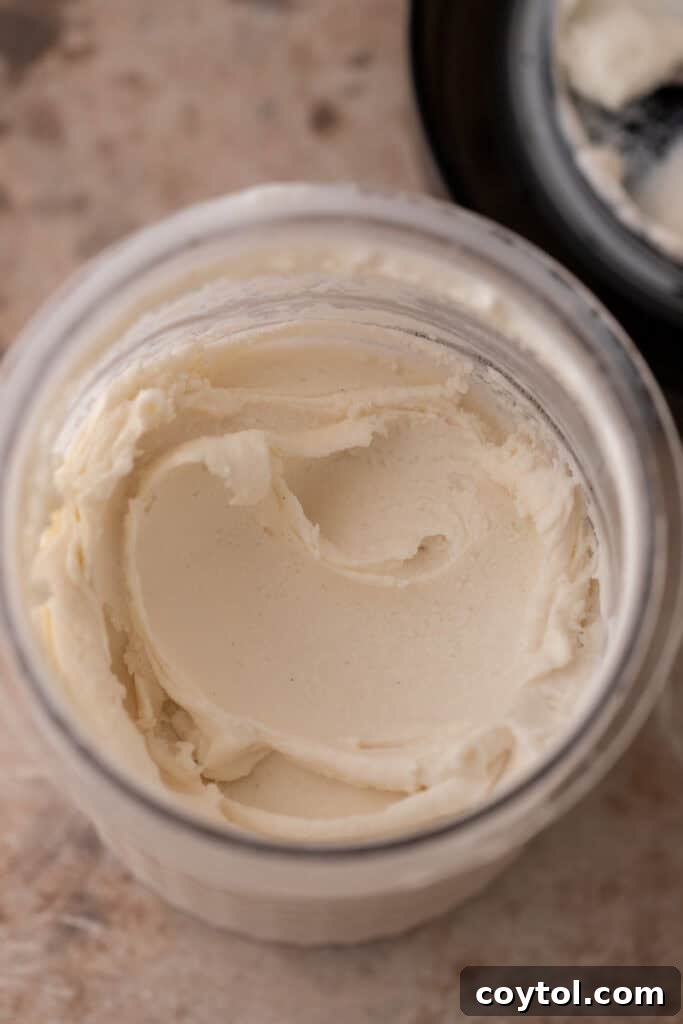 Cottage cheese, milk, and vanilla extract in a Ninja Creami pint, ready to be blended