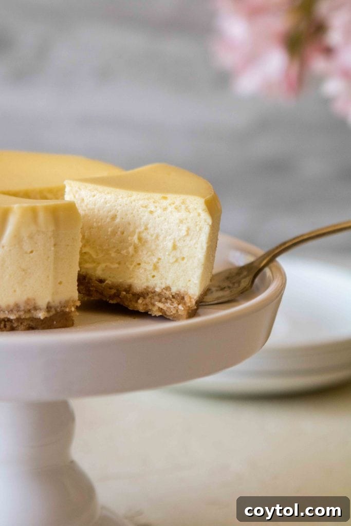 Slice of 4-inch New York style cheesecake with a buttery graham cracker crust on a white cake stand
