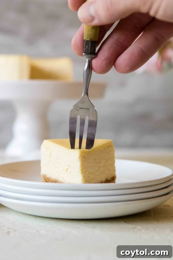 Fork cutting into a mini 4-inch cheesecake with smooth cream cheese filling