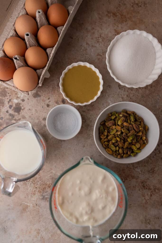 Crafting the Ultimate Homemade Pistachio Ice Cream 3 Ingredients for homemade pistachio ice cream laid out on a table, including pistachios, milk, cream, and sugar