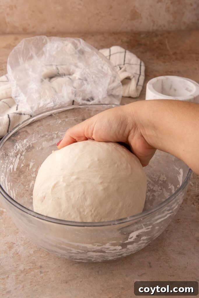 Sourdough dough showing signs of successful bulk fermentation, with visible air pockets.
