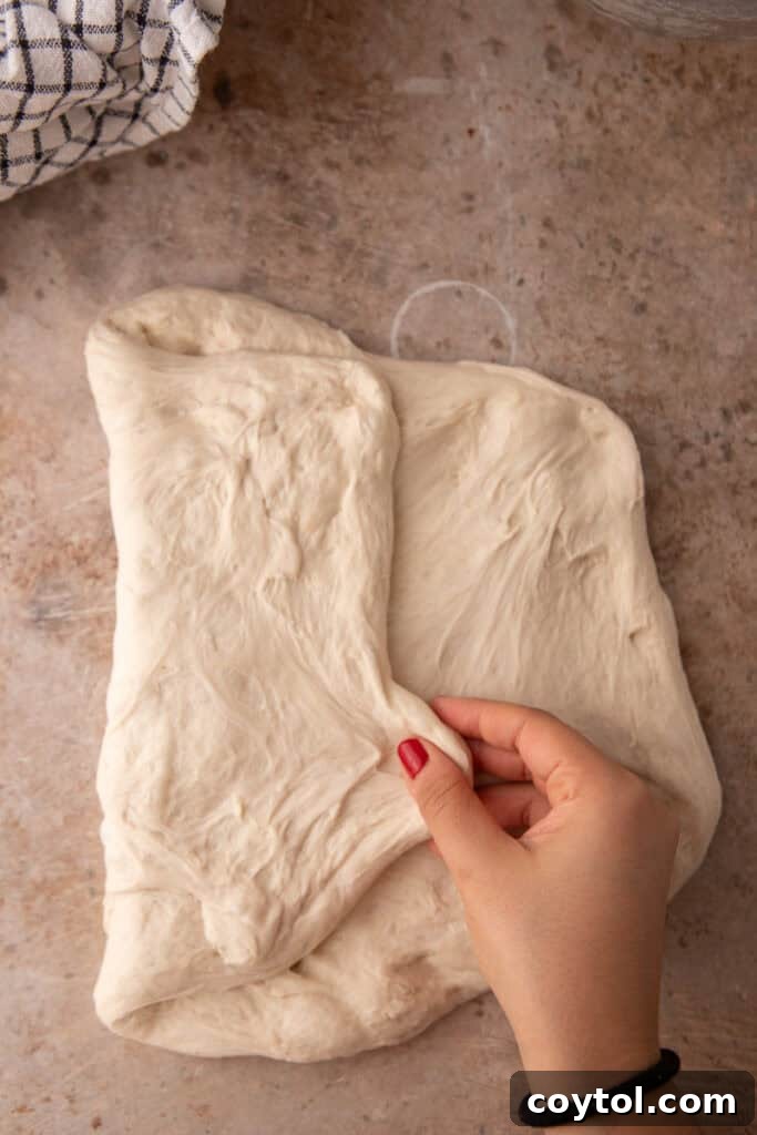 Dough stretched horizontally for pre-shaping.