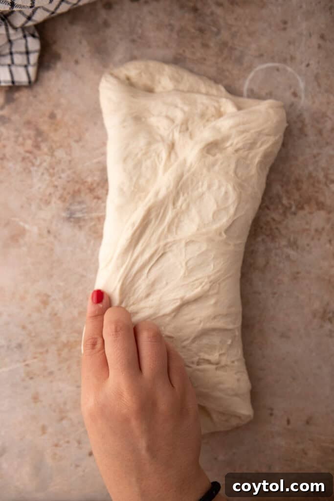 Dough being folded into thirds horizontally during pre-shaping.