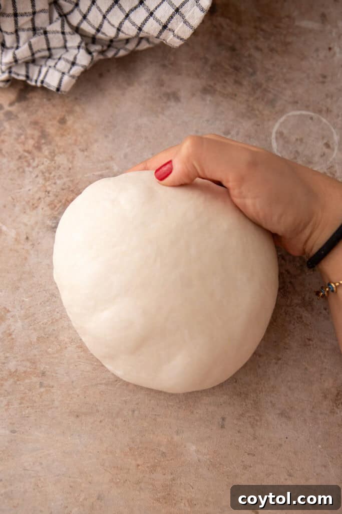 Sourdough dough after final shaping, exhibiting good surface tension.