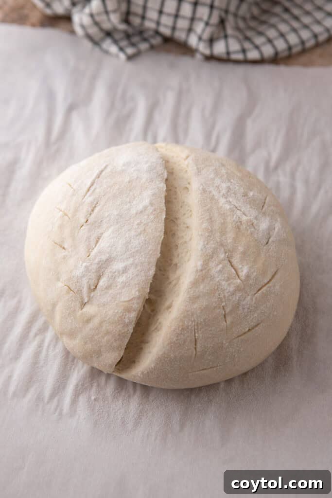 Sourdough bread being carefully lowered into a hot Dutch oven using a parchment paper sling.