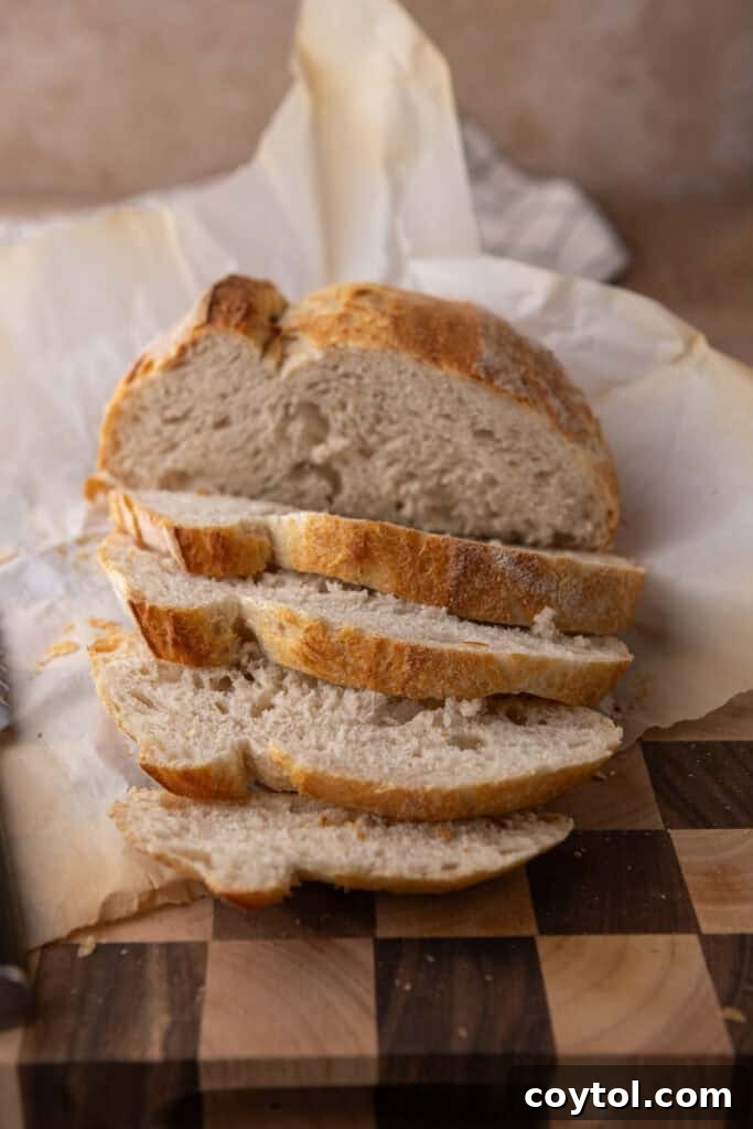 Overhead shot of a baked same day sourdough bread loaf, showing its impressive rise and crispy crust.