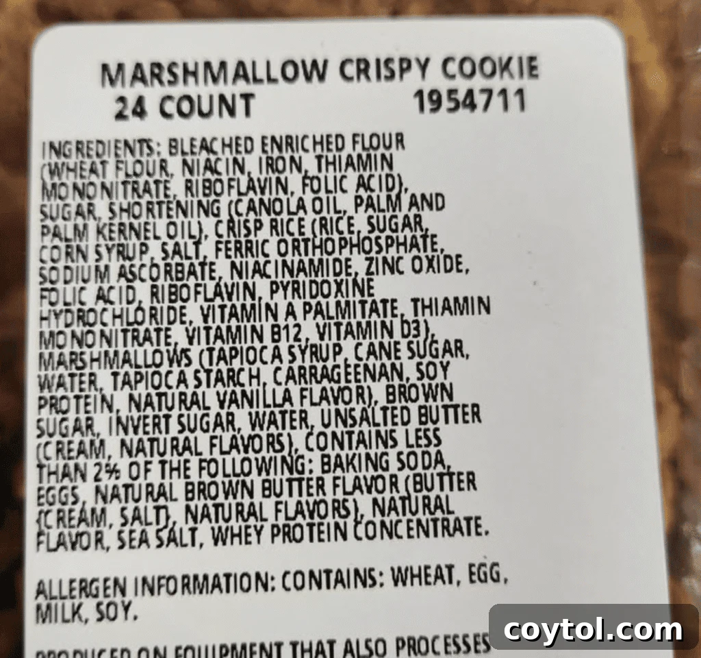 Ingredient list from Costco Marshmallow Crispy Cookies packaging, showing industrial components.