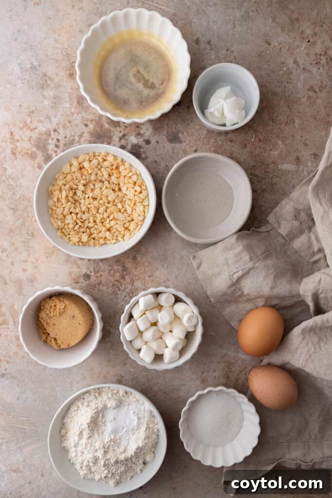 A collection of essential ingredients for homemade marshmallow crispy cookies laid out on a kitchen counter.