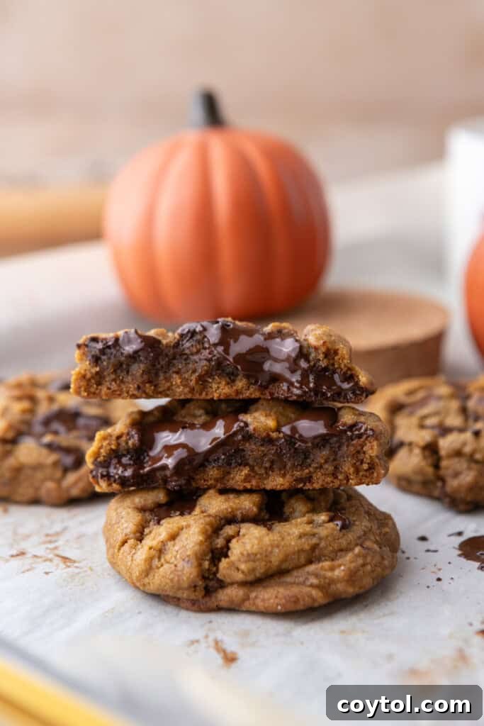 Nutty Brown Butter Pumpkin Chocolate Chip Cookies 16 Brown Butter Pumpkin Chocolate Chip Cookies on parchment paper stacked