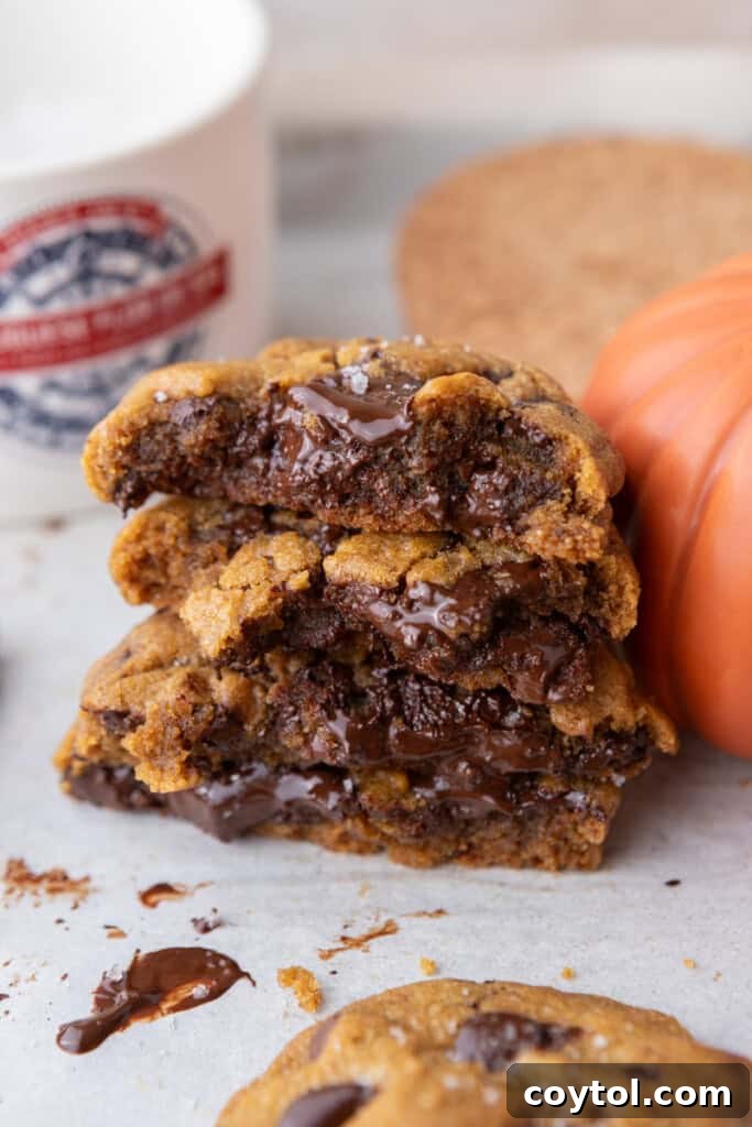 Nutty Brown Butter Pumpkin Chocolate Chip Cookies 4 Brown Butter Pumpkin Chocolate Chip Cookies split and stacked