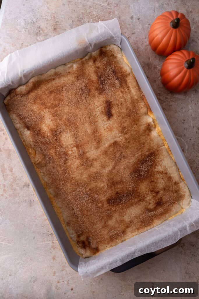 The top croissant dough layer brushed with melted butter and sprinkled generously with cinnamon sugar, ready for baking.