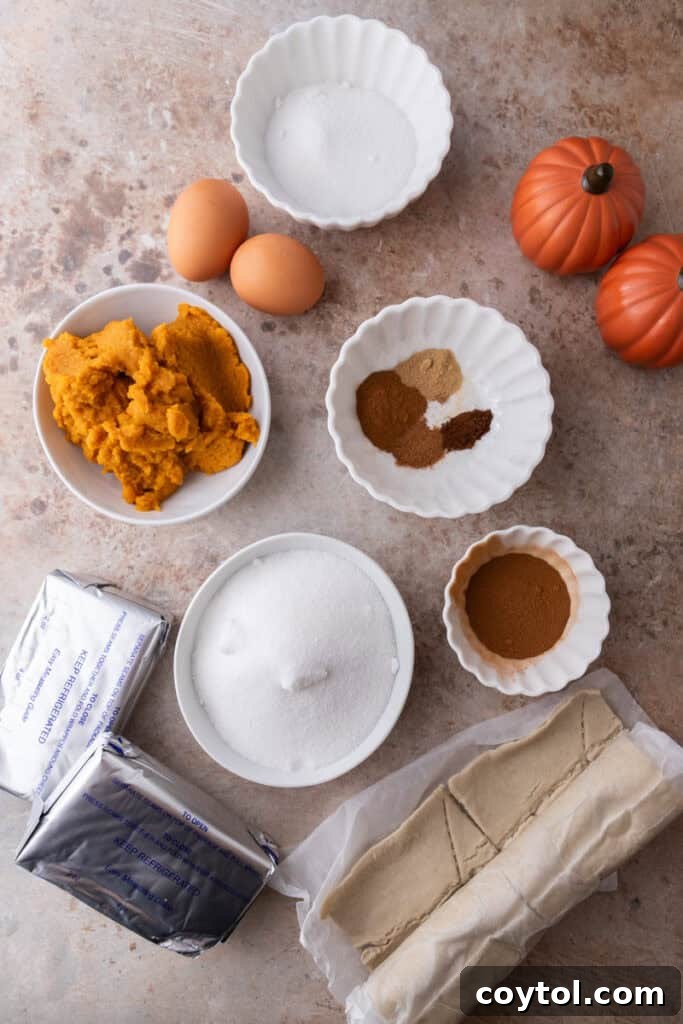 A collage of ingredients for churro pumpkin cheesecake bars laid out on a countertop, including canned croissant dough, cream cheese, pumpkin puree, and various spices.