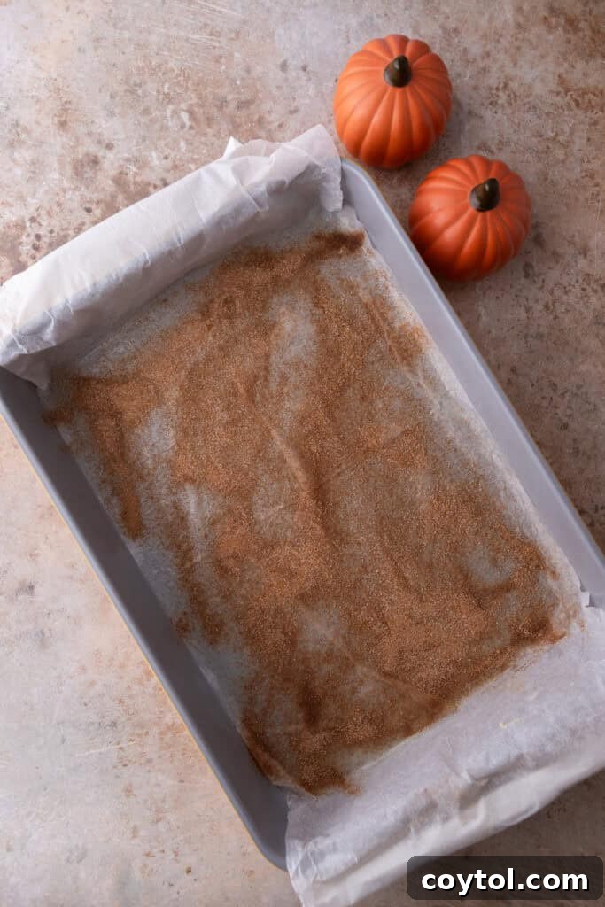 A baking pan lined with greased parchment paper, lightly dusted with cinnamon sugar, ready for the dough.